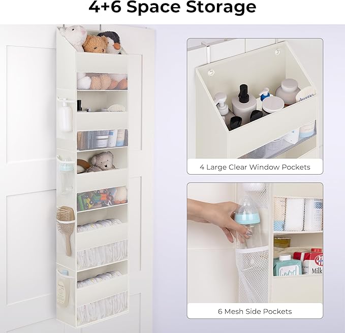 GRANNY SAYS Over the Door Organizer, 5-Shelf Waterproof Behind the Door Storage with 8 Pockets and Clear Window, Anti Tilt 45lb Large Capacity Door Hanging Organizer for Nursery, Laundry, Beige