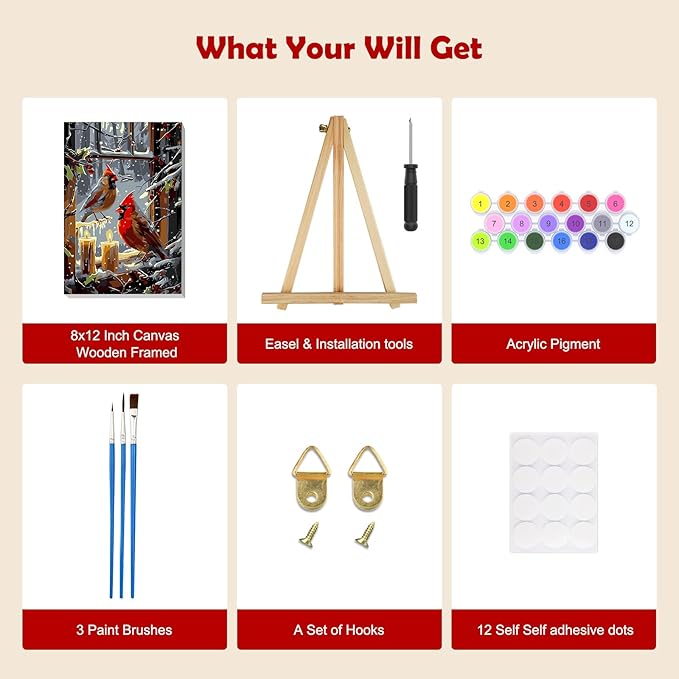 MOGTAA Christmas Cardinal Paint by Numbers Kit for Adults Beginners with Frame, Winter Adult Paint by Number Kits on Canvas with Easel, Easy DIY Candle Oil Painting Kits for Home Decor, 8x12in
