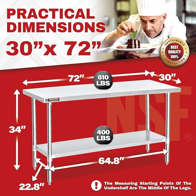 DuraSteel 30x72 Stainless Steel Work Table - NSF Commercial Prep Metal Table - Outdoor Pizza Oven Stand w/Under Shelf - Kitchen Island Laundry Utility Garage Microwave Stand Large Rolling Storage Cart