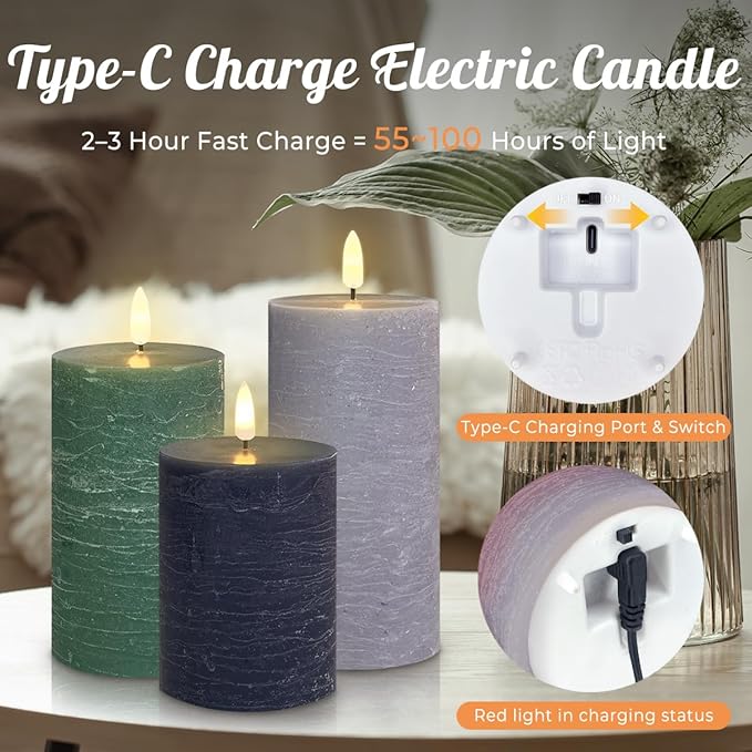 Rechargeable Flameless LED Pillar Candles–Luminous Real Wax Indoor Home Decor–Set of 3, Realistic Flickering LED Flame,Remote & Timer, USB-Rechargeable（Verdant & Ash Tones）