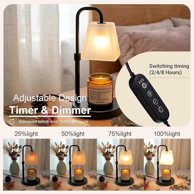 JIMEI Candle Warmer Lamp with Timer Electric Wax Warmer for Scented Wax Melt Warmer Melter for Jar Candles Dimmable Adjustable Height Gifts for Women Mom House Warming Frossted Glass Black