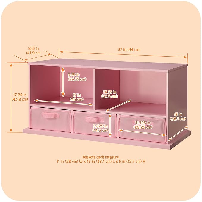 Badger Basket Stackable Toy Storage Organizer - 5-Shelf Modular Unit with 3 Removable Fabric Bins, Solid Panel Construction, Expandable Design for Toys and Crafts - Pink