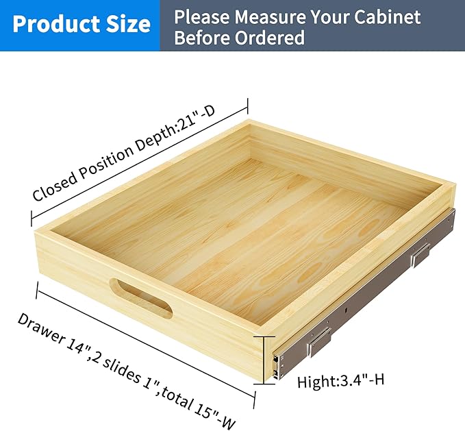 2 Set Pull Out Cabinet Organizer, Soft Close Slide Out Wood Drawer Storage Shelves for Kitchen, Base Cabinet Organization for Pantry, Finished, Heavy-Duty, Bottom Assembly (15” W x 21” D)
