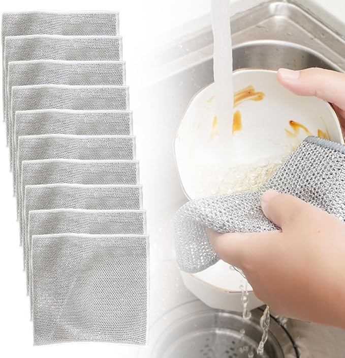 Multipurpose Wire Dishwashing Rags for Wet and Dry, New Double Layer Wire Cleaning Cloths Non Scratch Wire Dishcloth Rag, Reusable Scrubbing Pads for Washing Dishes Kitchen Supplies (10PCS)