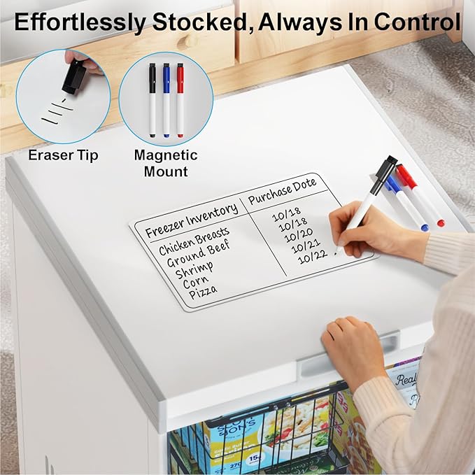 iSPECLE Freezer Organizer Bins - 3 Pack with Freezer Inventory List Board, Adjustable Width for 5 to 7 Cu.Ft Chest Freezers, Stackable Deep Freezer Bins, Assembly Required, Black