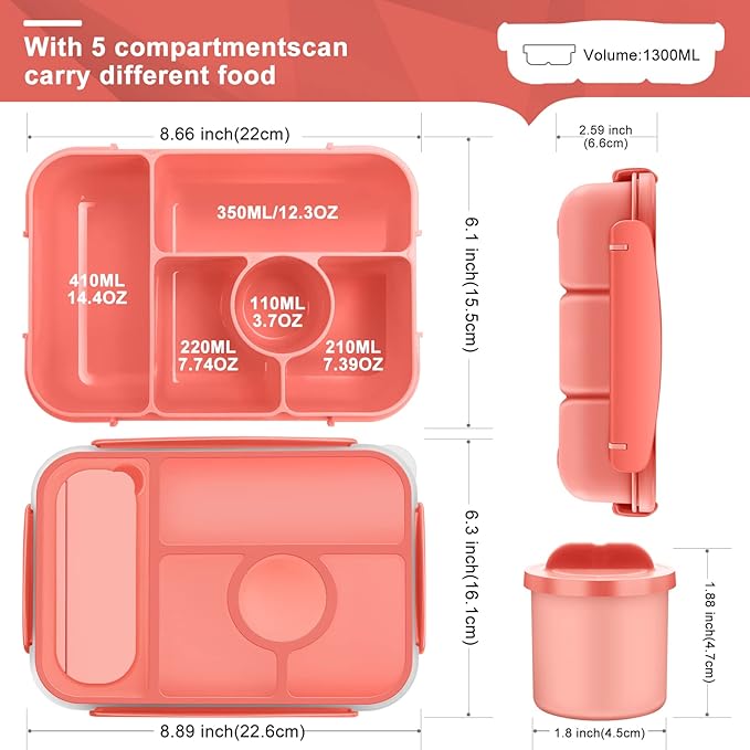 Kids & Adult Bento Lunch Box - 5 Compartment Lunch Containers, Sauce Vontainers, Microwave, Dishwasher & Freezer Safe (Pink)