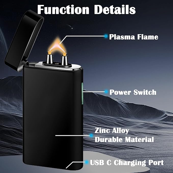 Electric Lighter Rechargeable USB C Plasma Arc Lighter Big Flame Electronic Lighters Metal Windproof Unique Pocket Lighters Box for Holiday, Friends, Family (Ice Black)