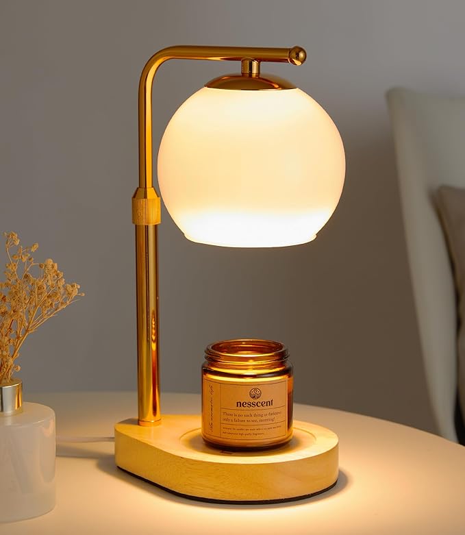 White Glass Candle Warmer Lamp Adjustable Height Dimmer 2 4 8 Hour Timer Natural Wood Base Wax Melter Includes Scented Candle and 2 Bulbs for Bedroom Living Room Modern Minimalist Decor