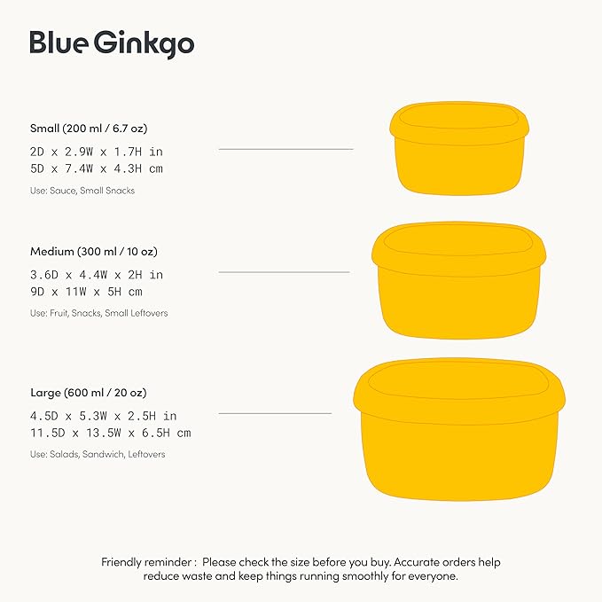 BLUE GINKGO Nesting Silicone Containers - Set of 3 Hard-Shell Silicone Food Storage Containers | BPA Free, Airtight, Dishwasher and Freezer Safe (6.7oz, 10oz, 20oz) - Yellow