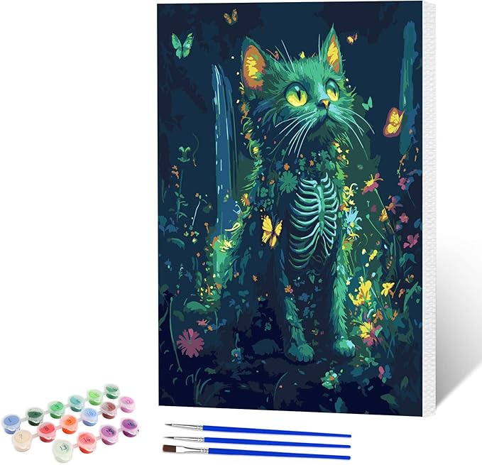NAIMOER Cat Skeleton Paint by Numbers Kits for Adults Beginner with Wooden Framed, Color by Numbers on Canvas Painting Kits for Adults, Easy Paint DIY Acrylic for Home Wall Decor 8X12 Inch