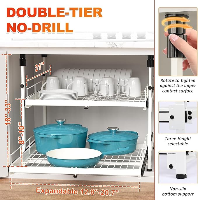 Hisencn Expandable 2-Tier Pull Out Cabinet Organizer, 13"-21" Wide Slide-Out Drawers (White)