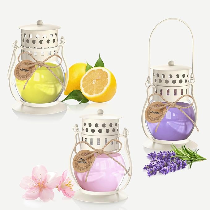 Scented Candles for Home, 3 Pack Retro Lantern Aromatherapy Candles for Lavender/Lemon/Cherry Blossom, Fall Candle Set, Soy Jar Candle Gifts for Women Men