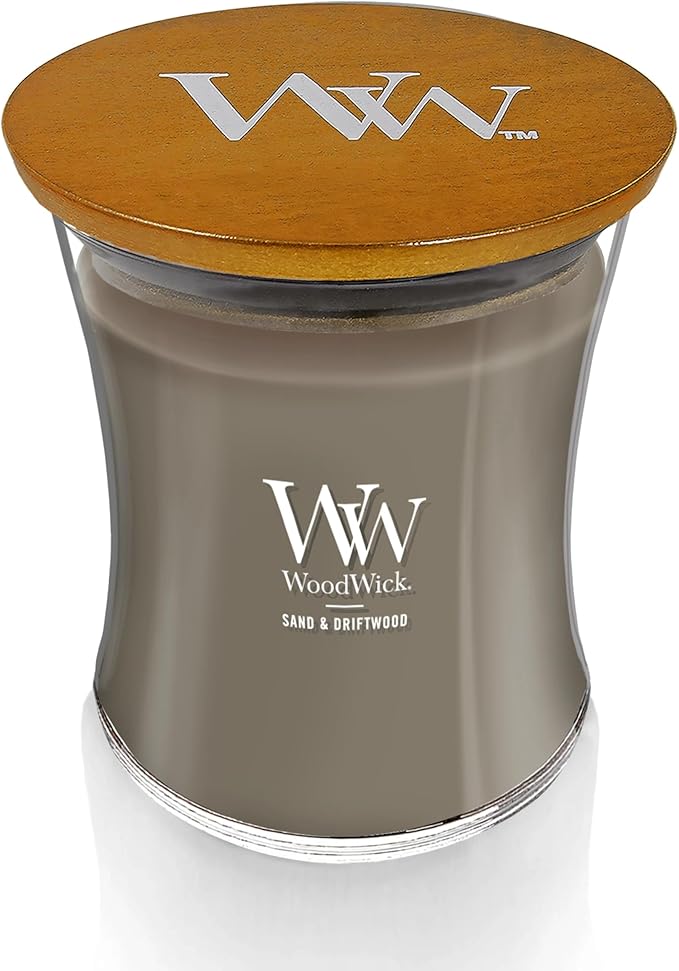 WoodWick Sand & Driftwood Gifts for Women and Men, 9.7 oz Medium Hourglass Candle with Crackling Wick