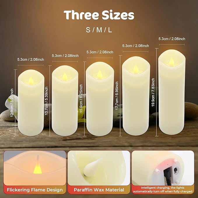 ALED LIGHT Real Wax Rechargeable Candles Flickering Realistic,Warm White Flameless Candles Rechargeable with Remote for Home Decor Idea Gift，Pack 5(D 2.2”X H 5”5.5”6”7”8”)