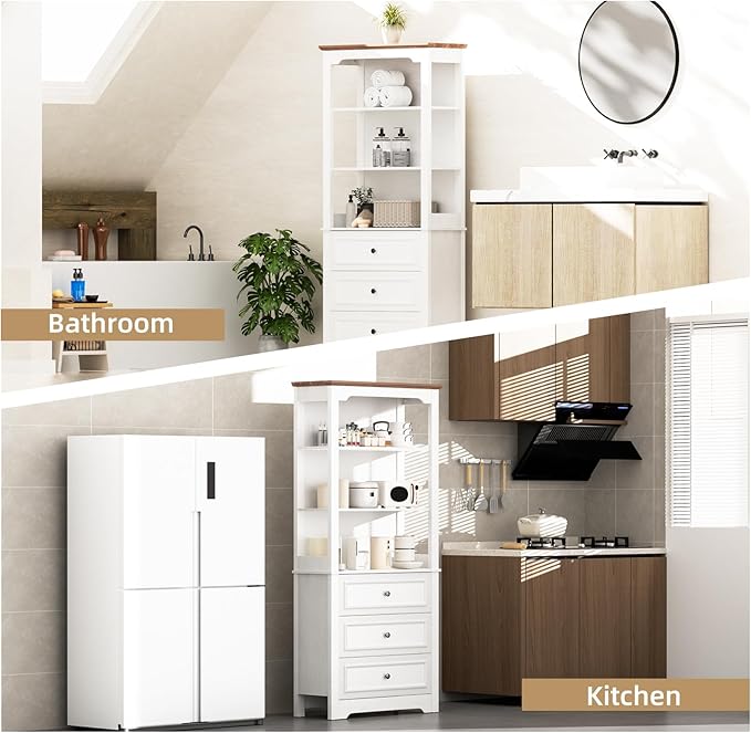 Bookcase 4-Tier Bookshelf with 3 Drawers, Pantry Storage Cabinets, 68'' Freestanding Tall Bathroom Cabinet, Sideboard Microwave Space Cupboard Organizer for Home Office, Retro White