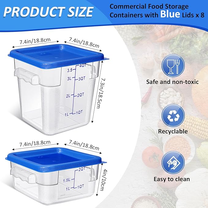 Yungyan 8 Pcs Restaurant Food Storage Containers with Lids Set 2Qt and 4Qt Commercial Restaurant Square Storage Containers Clear Food Cereal Container for Kitchen Freezer (Blue Lids)