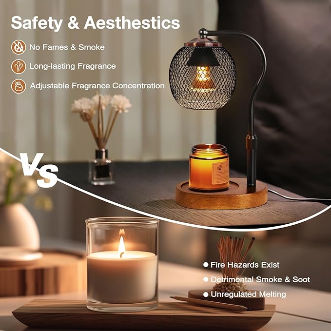 Candle Warmer Lamp with Timer and Dimmable,Height-Adjustable,Black Wax Melt Lamps for Jar Candles,lampara para velas aromaticas, House Warming Gifts, Metal Lampshade with 2 Bulbs