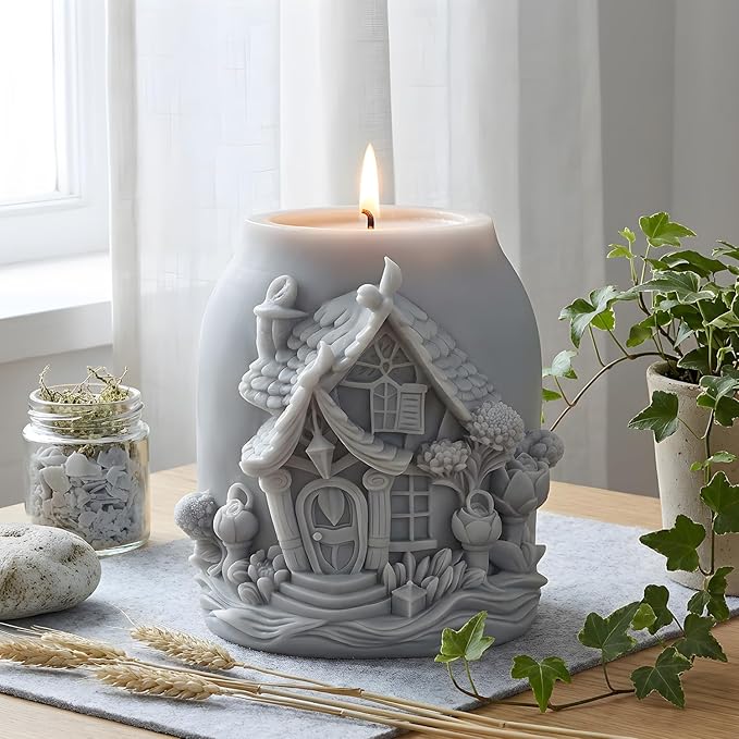 XIAOSHUI Magic House Relief Cylinder Candle Molds 3D Fairy Forest House Candle Silicone Mold for Candles Making Resin Casting Aromatherapy Candles Gypsum Craft Home Decorate