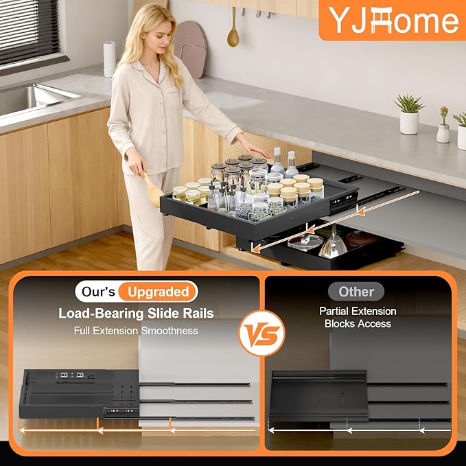 Pull out Cabinet Organizer Expandable W(12"-20") and D(16"-22"), No Drill Adjustable Slide Out Drawers With 3 Slide Rails, 2Pcs Magnetic Panel, Adhesive Roll out Shelves for Kitchen, Cabinets, Pantry