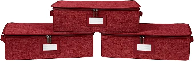 Covermates Keepsakes Zip-Top Storage Box Set, 3 Pack Heavy Duty Polyester Organizer Bins, Stackable Design, ID Window, Reinforced Handles, Closet Home Storage, Red Heather