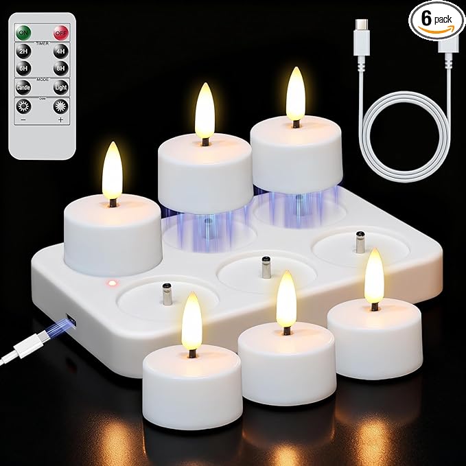 GenSwin Rechargeable Tea Lights Candles with Remote & Charging Base, 6 Pcs LED Tea Lights Candles Battery Operated, Flameless Timer Tealights for Wedding Christmas Halloween Decor (White, 1.57“x1.85”)