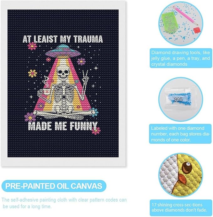 KIVJMSIDJA Diamond Art Kits for Adults Skull Skeleton “At Least My Trauma Made Me Funny” DIY Round Diamond Art for Home Wall Decor & Crafts Gifts 12"x16"