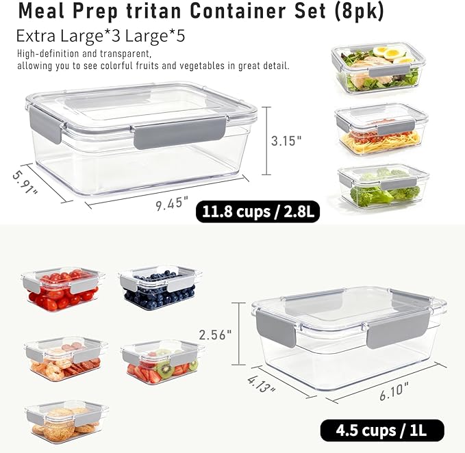 2.8L Tritan Plastic Food Storage Containers, Airtight Tritan Plastic Locking for Fridge Freezer, Meal Prep, Deli Meat, Snacks, 8 Containers with Lids, 16 pieces, Extra Large, Clear