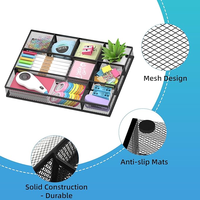 SUPEASY 2 Pack Mesh Drawer Organizer, Metal Desk Drawer Organizer Tray with 8 Adjustable Compartments, Desk Organizers and Accessories for Office Supplies, Kitchen, Makeup & Vanity (Black)