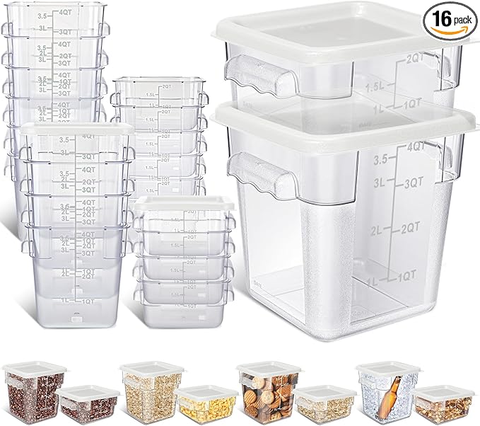 Yungyan 16 Pcs Restaurant Food Storage Containers with Lids Set 2Qt and 4Qt Commercial Restaurant Square Storage Containers Clear Food Cereal Container for Kitchen Freezer (White Lids)