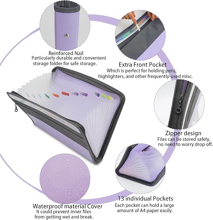 NAFY Accordion File Organizer, 13 Pockets Expanding File Folder with Zipper, A4 Letter Size Portable Accordion Expanding File Folders with 27pcs Colour Labels for Home Office School Supplies (Lilac)