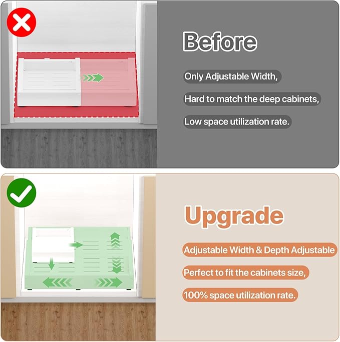 2 Pack Pull out Cabinet Organizer, Width (10"-15") Depth (11"-17"), with 3 Rails Adjustable Slide, Expandable Drawers for Cabinets, No Drill Adhesive Kitchen Drawers for Pantry Shelves white