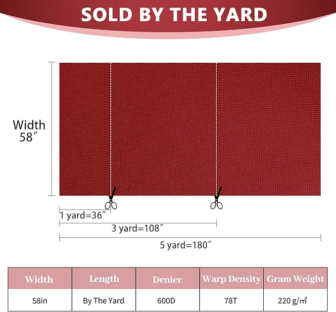 Waterproof Canvas Fabric by The Yard 58inch 600D Upholstery Fabric Cordura Polyester Fabric Outdoor Water Resistant Fabric for Sewing Chair Patio Cushion Purse Bag Interior, 1 Yard Red