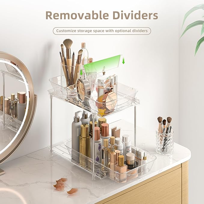 MHHA 2 Pack Bathroom Cabinet Organizer, 2 Tier Clear Under Sink Organizers and Storage Medicine Cabinet Organizer with Dividers, Pull Out Kitchen Pantry Shelf Cupboard Closet Vanity Organization Bins