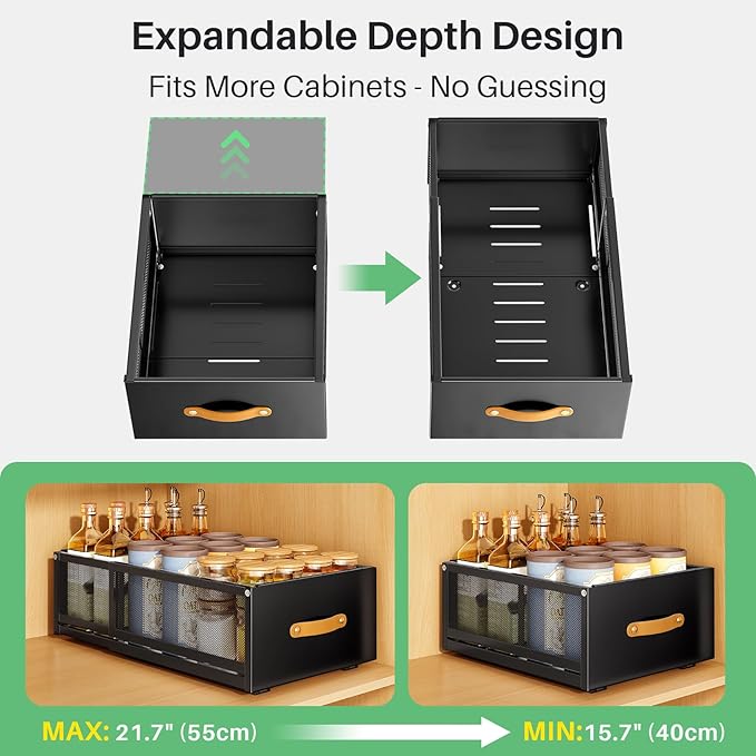 Pull out Cabinet Organizer, 2-Pack Expandable Depth(15.7"-21.7") with Raising Pad for Framed Cabinets, Heavy Duty Slide out Drawers,Roll Out Shelves for Kitchen, Pantry Organizers and Storage(Black)