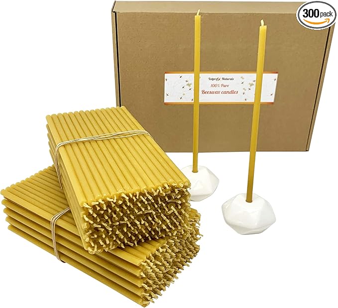 300 All Natural Décor 100% Pure Beeswax Taper Candles – Bulk, Tall (8 in), Unscented, Dripless, Smokeless, Slow Burning, Non Toxic, Honey Scent - for Home, Dinner, Cake, Prayer, Hanukkah, Christmas