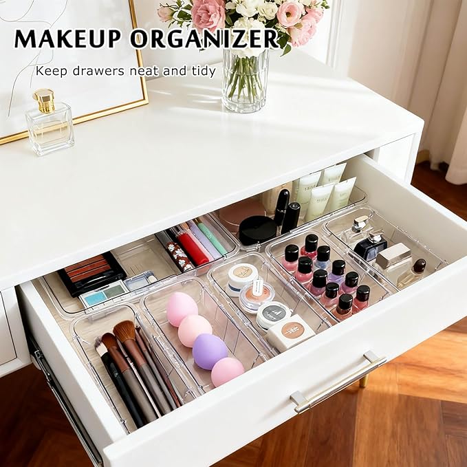 15 Pcs Extendable Drawer Organizer, 2 Sizes Adjustable Makeup Organizer For Drawer, Bathroom Drawer Organizer Tray, Clear Acrylic Vanity Storage Bin for Makeup, Cosmetic, Desk Drawer Organizer