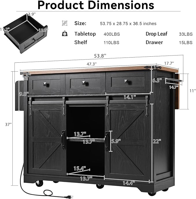 Amposei Farmhouse Kitchen Island on Wheels with Drop Leaf & Power Outlet, 53.7-Inch Rolling Storage Island Cart Breakfast Bar with Drawers, Sliding Barn Door Cabinets, Spice Rack (Black)
