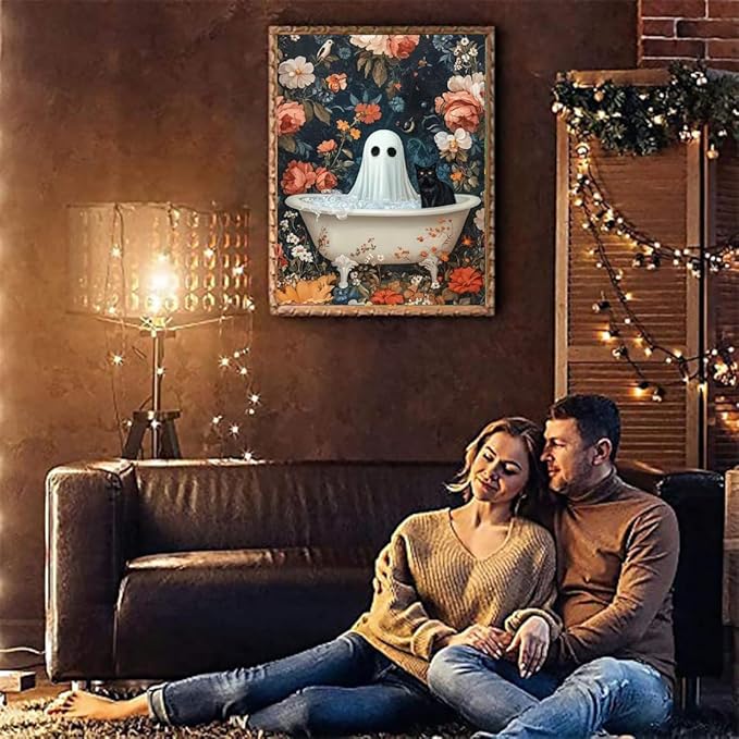VIGEGU Ghost Black Cat Paint by Numbers Kit for Adults with Framed,Halloween Paint by Number DIY Adult Paint by Number Kits for Wall Decor 10x12in