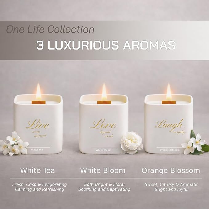 Set of 3 Premium Scented Soy Candles Gift Set | One Life Collection - Orange Blossom, White Tea & White Bloom | Crackling Wood Wick | Luxury Candle Set for Relaxation, Home Décor & Gifts | 9.8oz Each