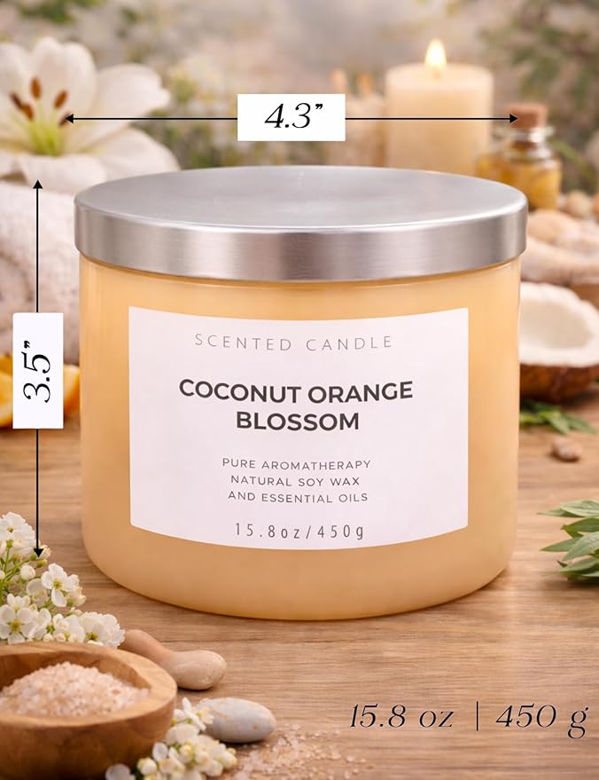 Coconut Orange Blossom Scented Candle - Large 3-Wick Aromatherapy Soy Candle, 15.8 oz - Highly Scented, Clean Burning, Long Lasting Home Fragrance Gift for Women & Men