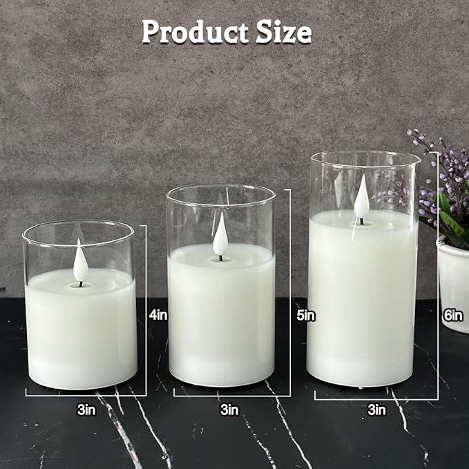 Rechargeable Flameless Glass Pillar Candles–Mothers Day Gifts,–Set of 3, Realistic Flickering LED Light,Remote & Timer, Ideal for Living Room, Bedroom & Birthday Gifts for Mom