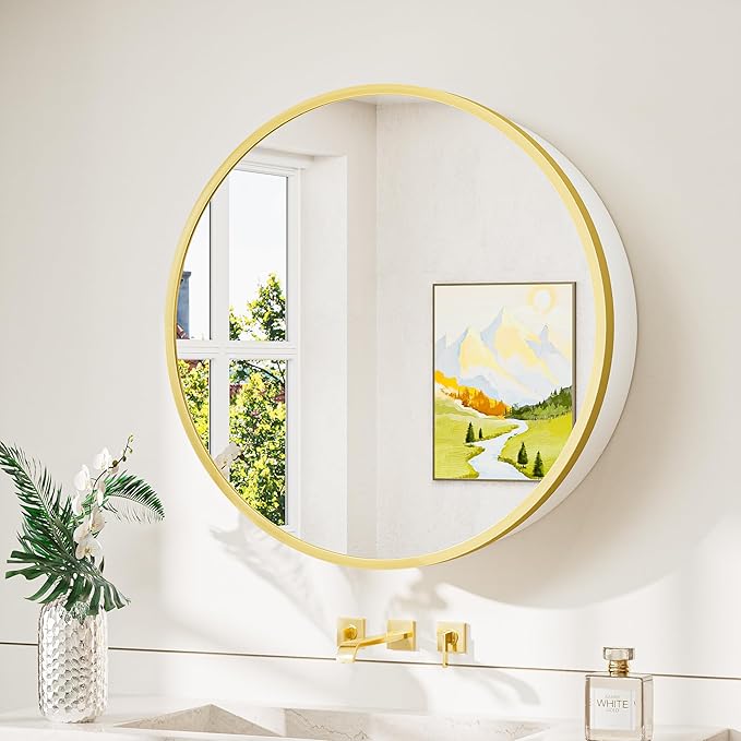TokeShimi 24x24 Gold Round Medicine Cabinet with Mirror, Round White Medicine Cabinet with Detachable Shelves, Shatterproof, Surface Mount Only