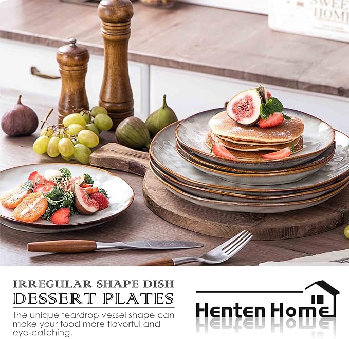 Henten Home Ceramic Dessert Plates, 8.5 Inch Salad Plate Set of 4, Porcelain Snack Serving Dishes for Cake, Kitchen, Microwave & Dishwasher Safe, Reactive Glaze (White)