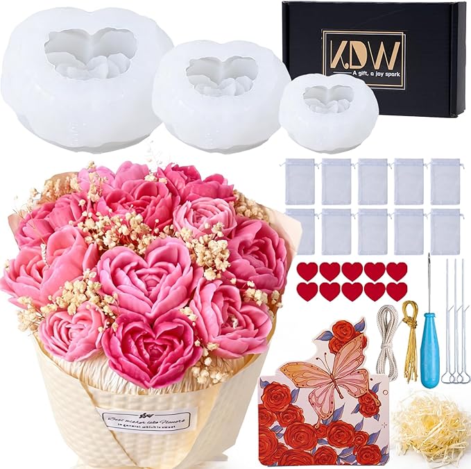 Heart Rose Silicone Molds Heart Candle Making Kit with Candle Wicks 3D Flower Silicone Molds for Candles DIY Handmade Soap Mould for Valentine's Day Gift