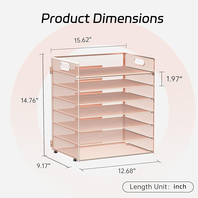 7 Tier Paper Organizer - Mesh Desktop File Holder with Handles for Office School Desk (Rose Gold)