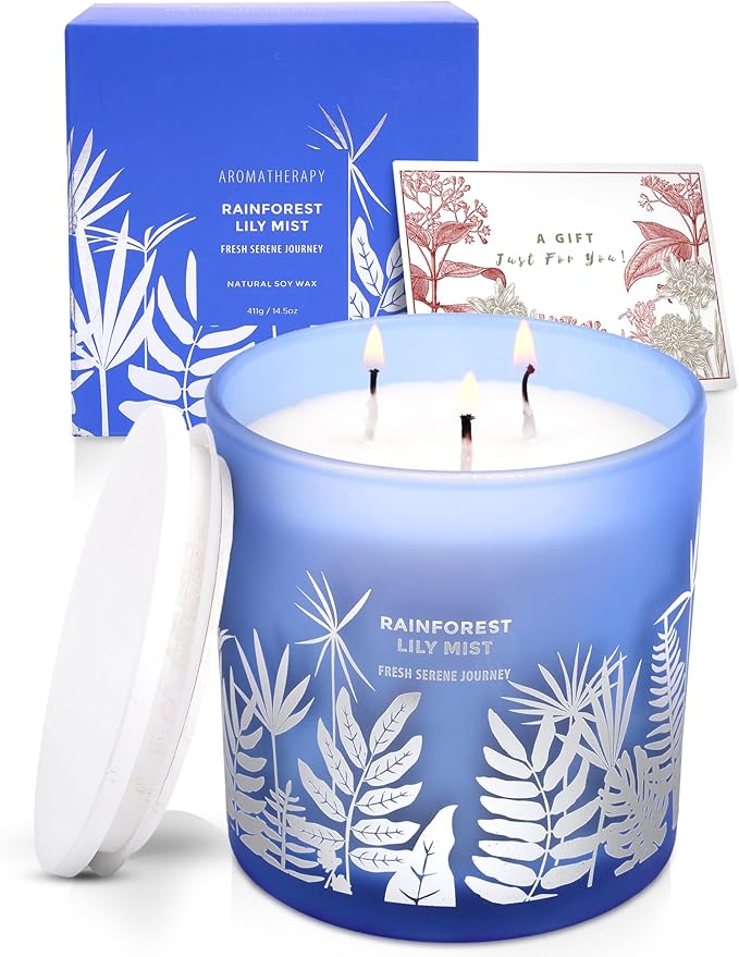 Large 3-Wick Soy Candle 14.5oz | Rainforest Lily Mist Scented Candle | Fresh Floral Aromatherapy Candle | Slow & Clean Burning | Luxury Relaxation Gift for Women and Men