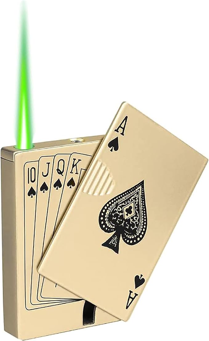 Jet Torch Lighter, Green Flame Ace Card Lighter, Metal Poker Design Windproof Refillable Butane Cool Lighter, Outdoor, Indoor, Camping, BBQ, Candle, Birthday, Gift for Men/Women (Without Gas)