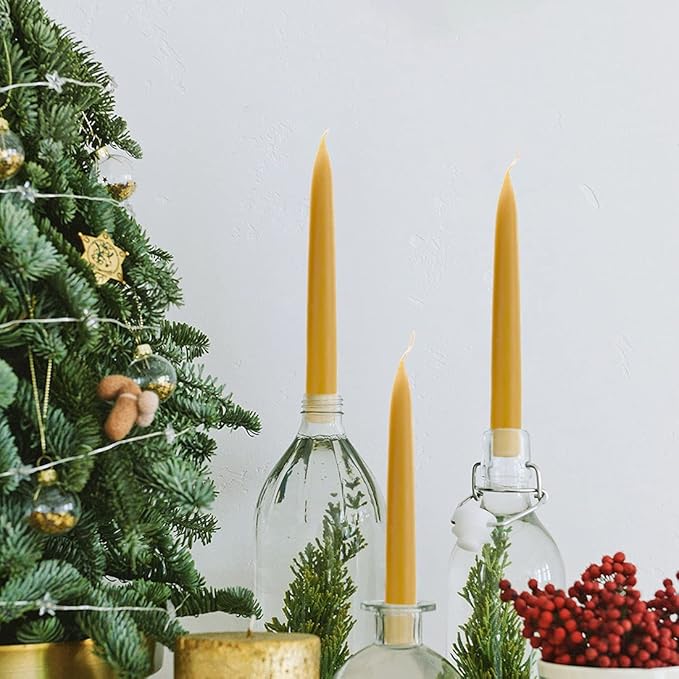 8 inch Natural Beeswax Taper Candles Set of 12, DEYBBY Smokeless and Dripless Beeswax Candles, 8Hrs Burn Time, Nontoxic