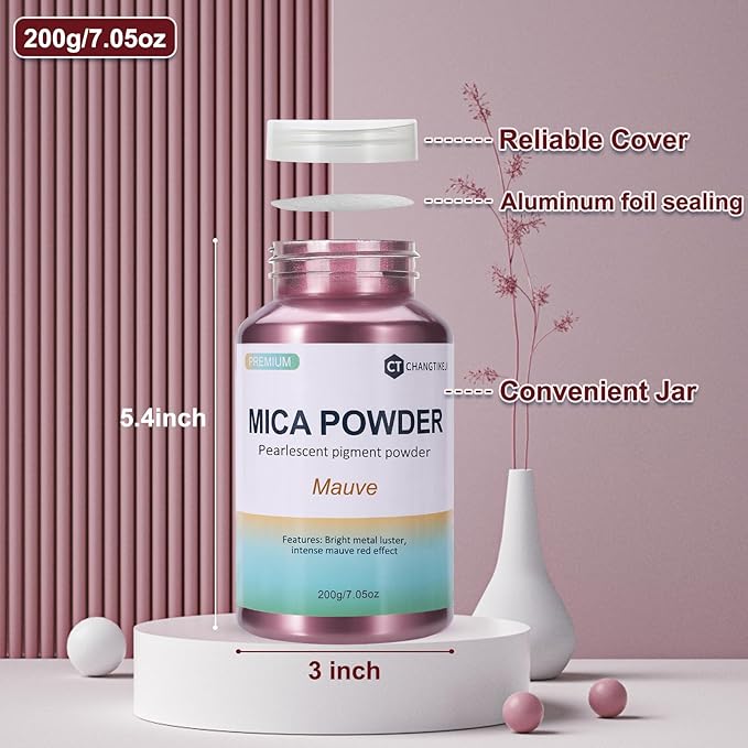 Mica Powder,200g/7.22oz Large Jar,Mauve Mica Powder Pigment for Epoxy Resin，Lip Gloss，Paint，Dye，Soap Making，Nail Polish,Candle Making,Bath Bombs