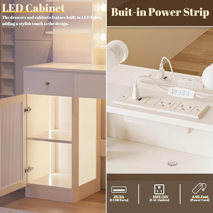 Vanity Desk with Mirror and Lights, Modern Glass Top Makeup Vanity Set with Power Outlet, Drawers and Cabinet, 3 Lighting Color Adjustable Dressing Table for Bedroom